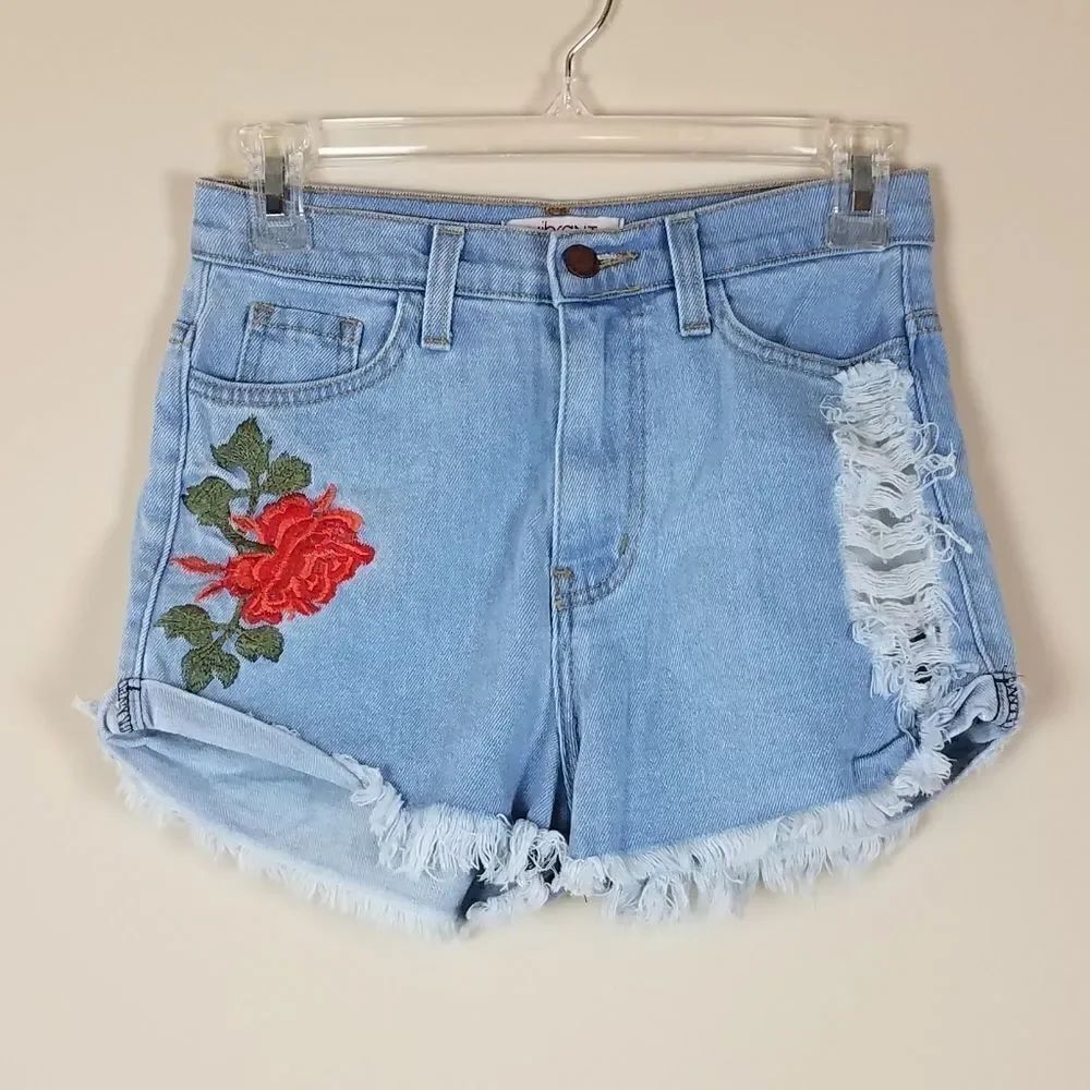Vibrant M.I.U Rose Embroidered Denim Shorts